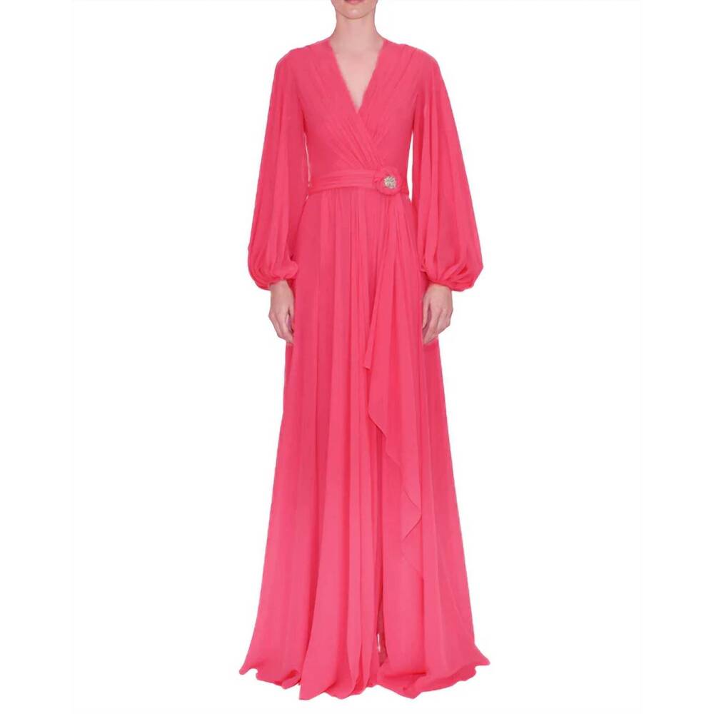 NEW REEM ACRA v-neck long sleeve gown in fuschia
